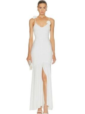 White Spaghetti-Strap Maxi Dress with Floral Shoulder Detail